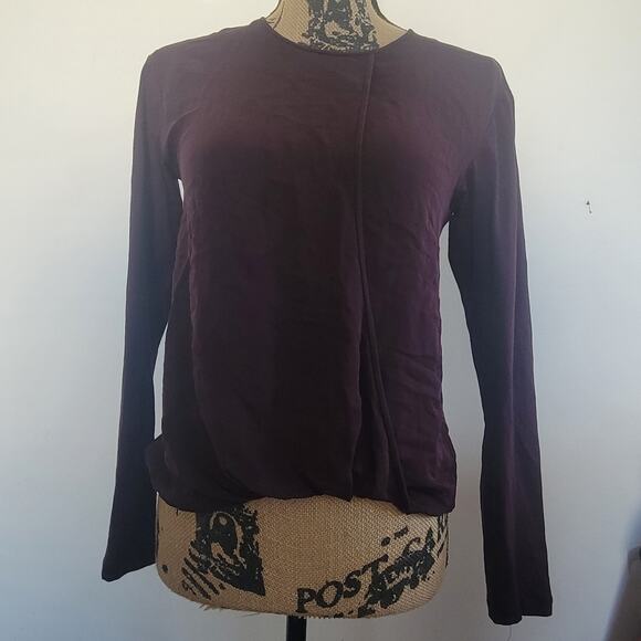 Theory small tall silk blend maroon purple faux wrap balloon hem blouse EUC - Picture 3 of 7